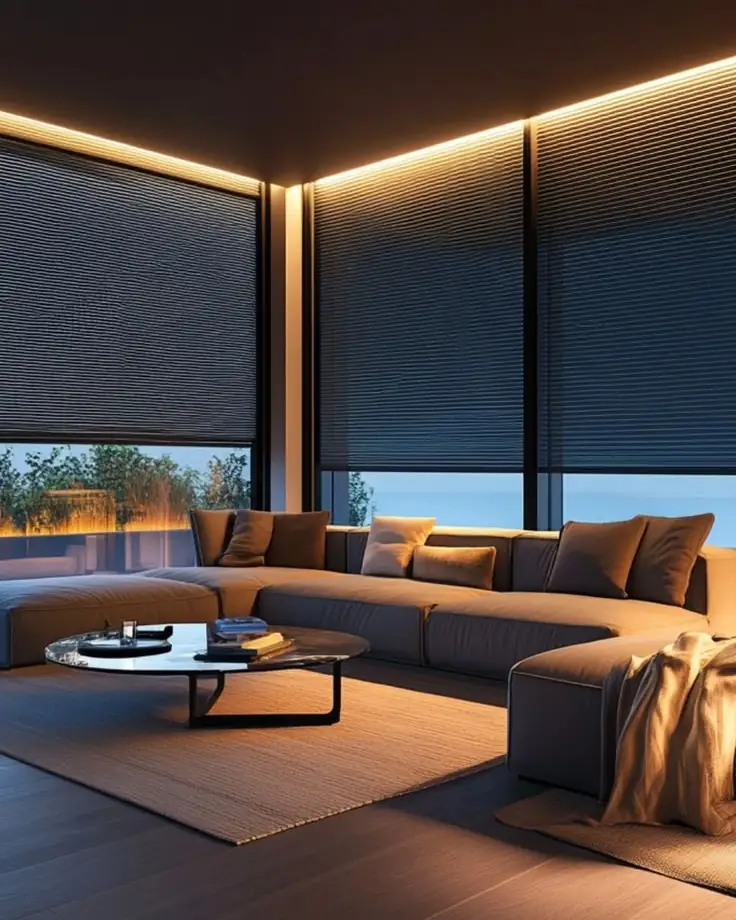 Living room at night with motorised roller blinds closed and warm automated cove lighting