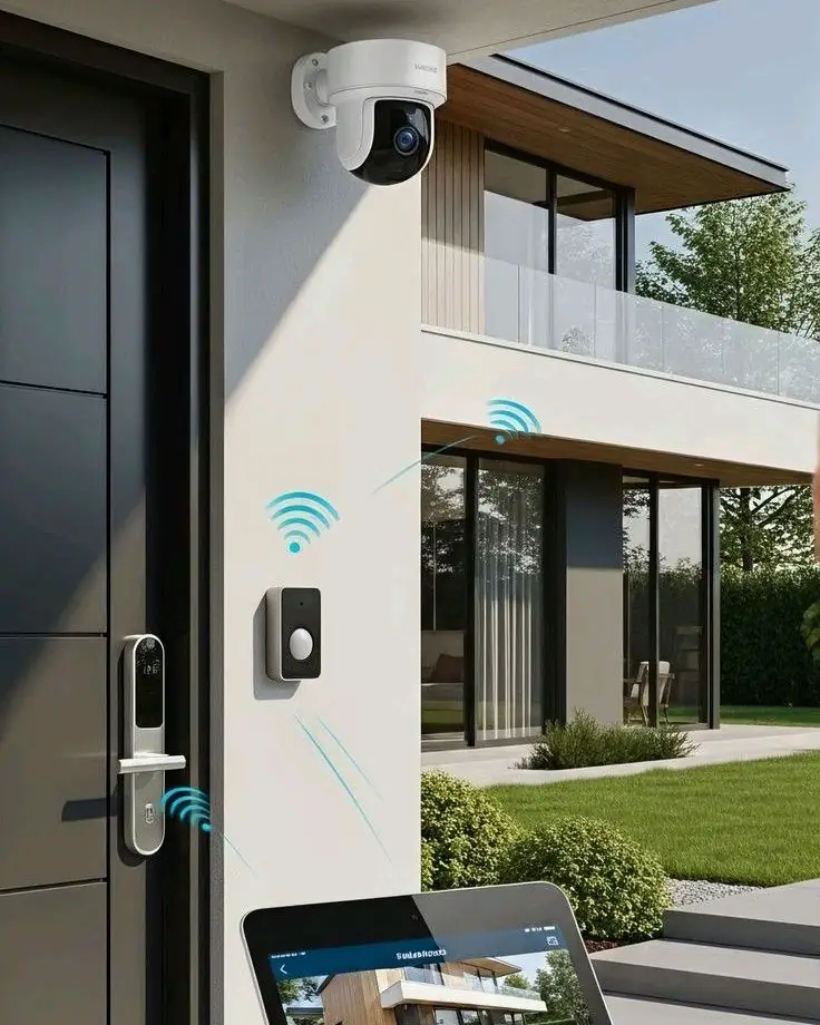 CCTV camera, smart door lock and video doorbell at a modern villa entrance