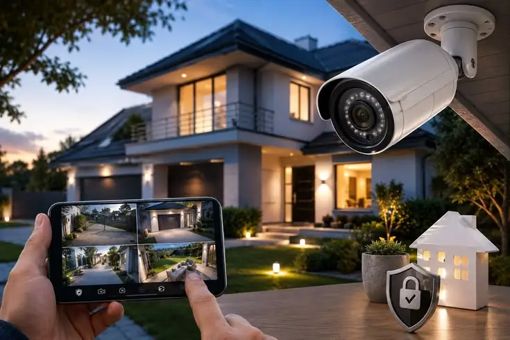 Outdoor CCTV camera at a villa with live multi-camera view on a smartphone