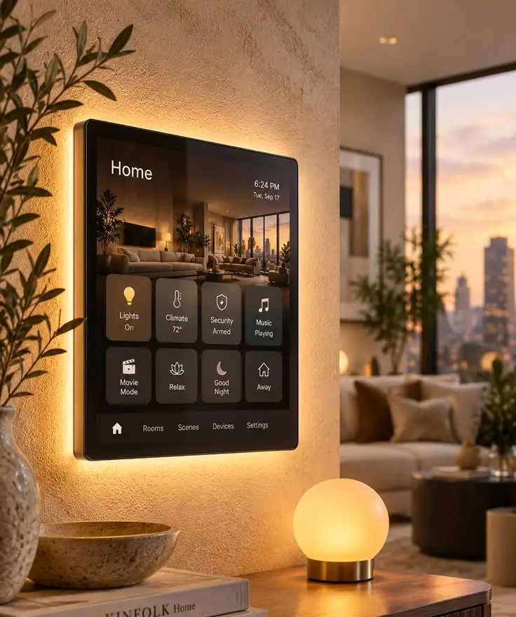 Backlit wall-mounted smart home control panel with lights, climate, security and scene buttons in a living room
